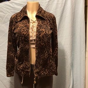 Cheetah print velour fill zip up sweater
